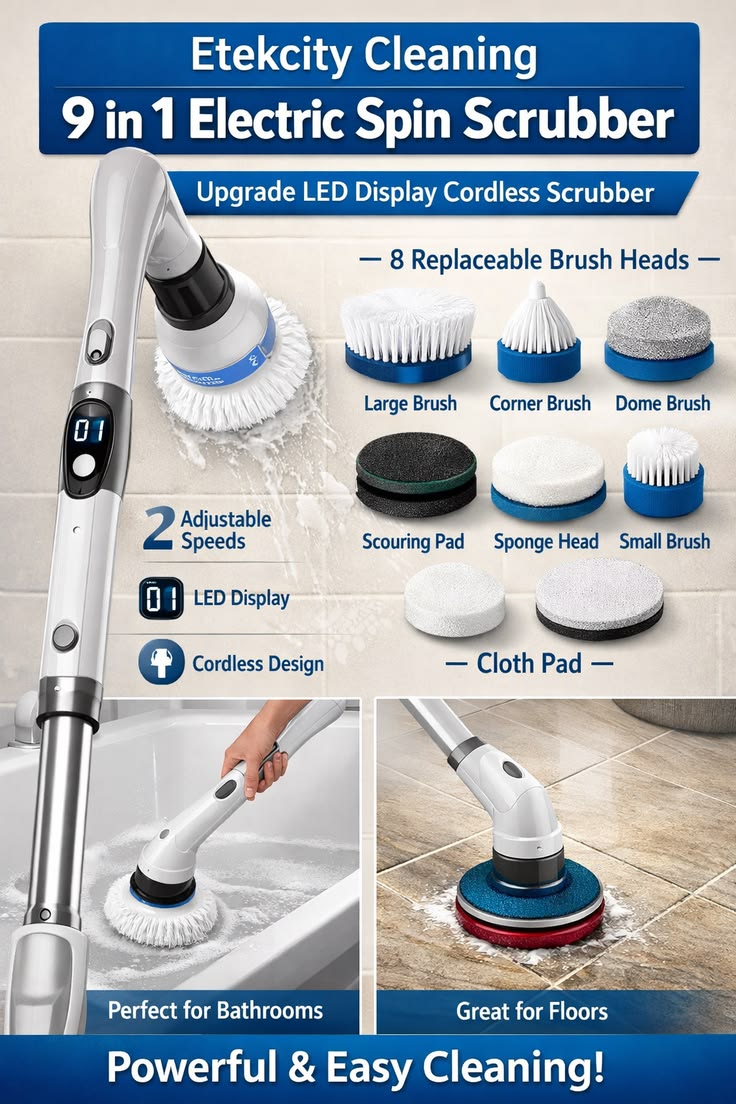 9-in-1 Electric Spin Scrubber – Smart Cleaning, Zero Effort