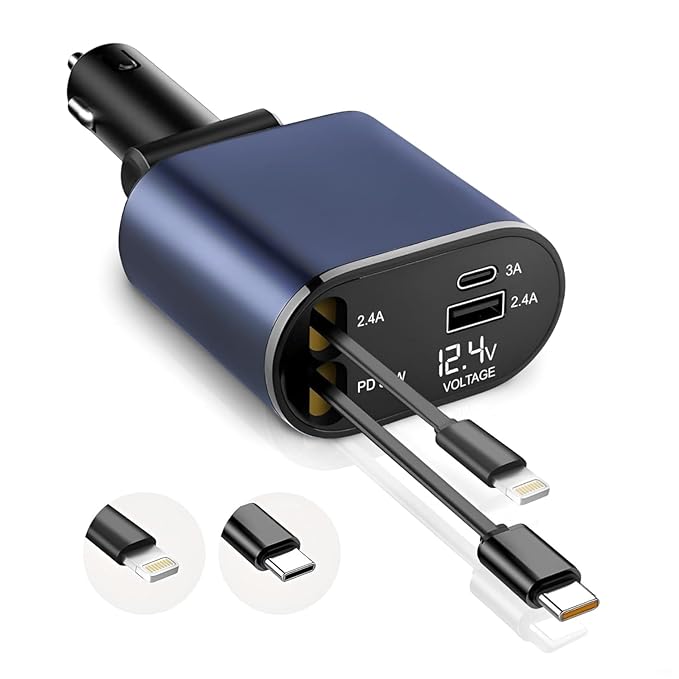 4-in-1 Retractable Car Charger - 120W Fast Charging & 180° Rotation