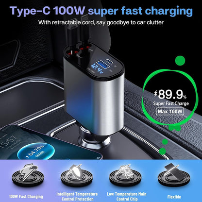 4-in-1 Retractable Car Charger - 120W Fast Charging & 180° Rotation