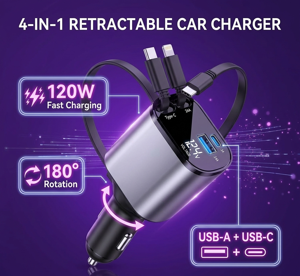 4-in-1 Retractable Car Charger - 120W Fast Charging & 180° Rotation