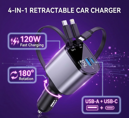 4-in-1 Retractable Car Charger - 120W Fast Charging & 180° Rotation